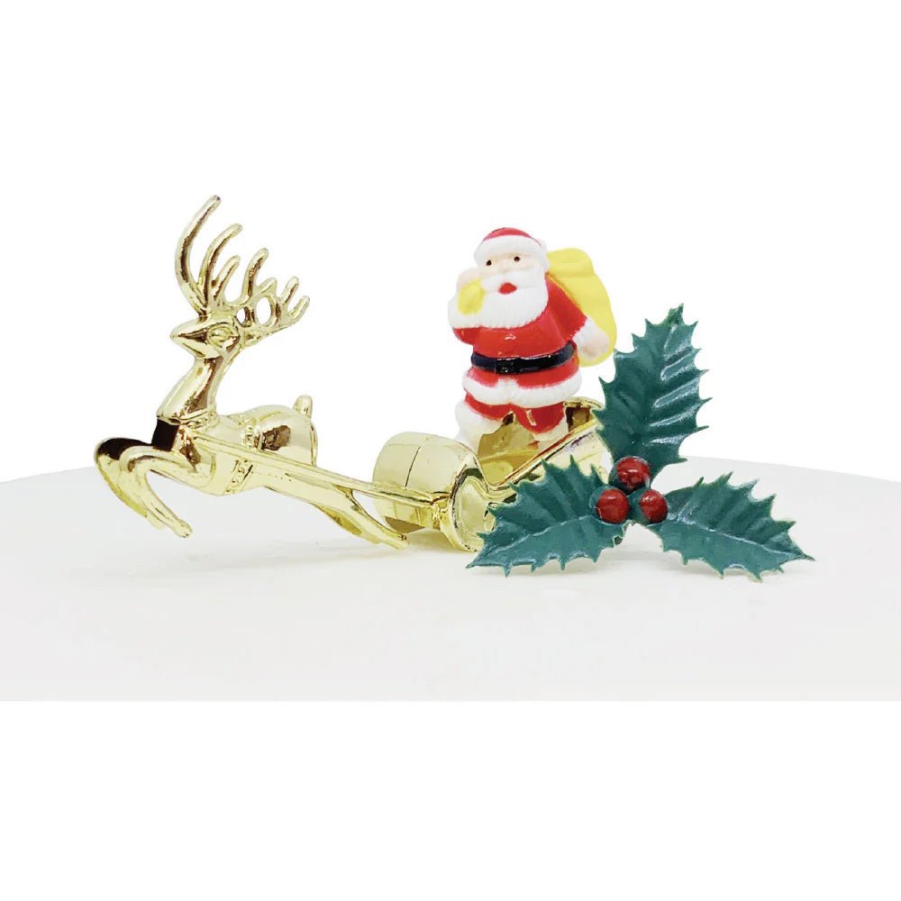 Santa & Golden Sleigh Cake Topper with Holly Pick