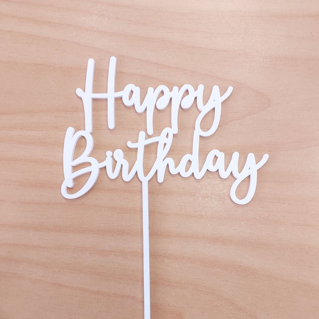 Happy Birthday Cake Topper - White Acrylic