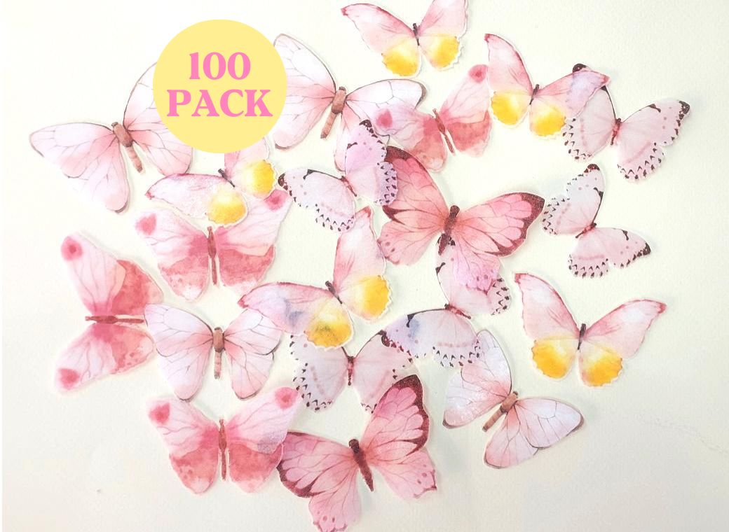 Pink Butterflies Edible Wafer Toppers - Bulk 100pk