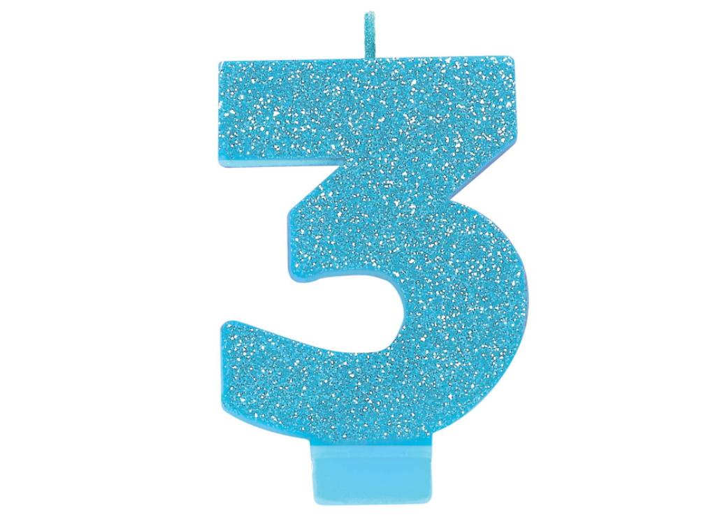 Blue Glitter Candle - Number 3