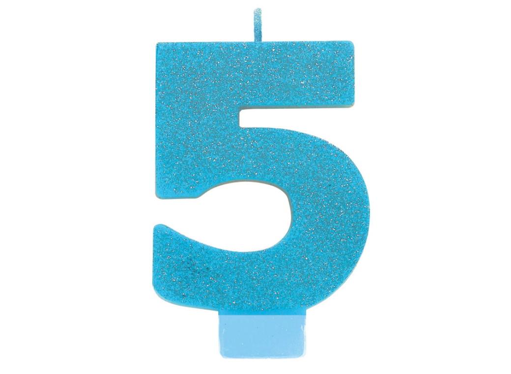 Blue Glitter Candle - Number 5