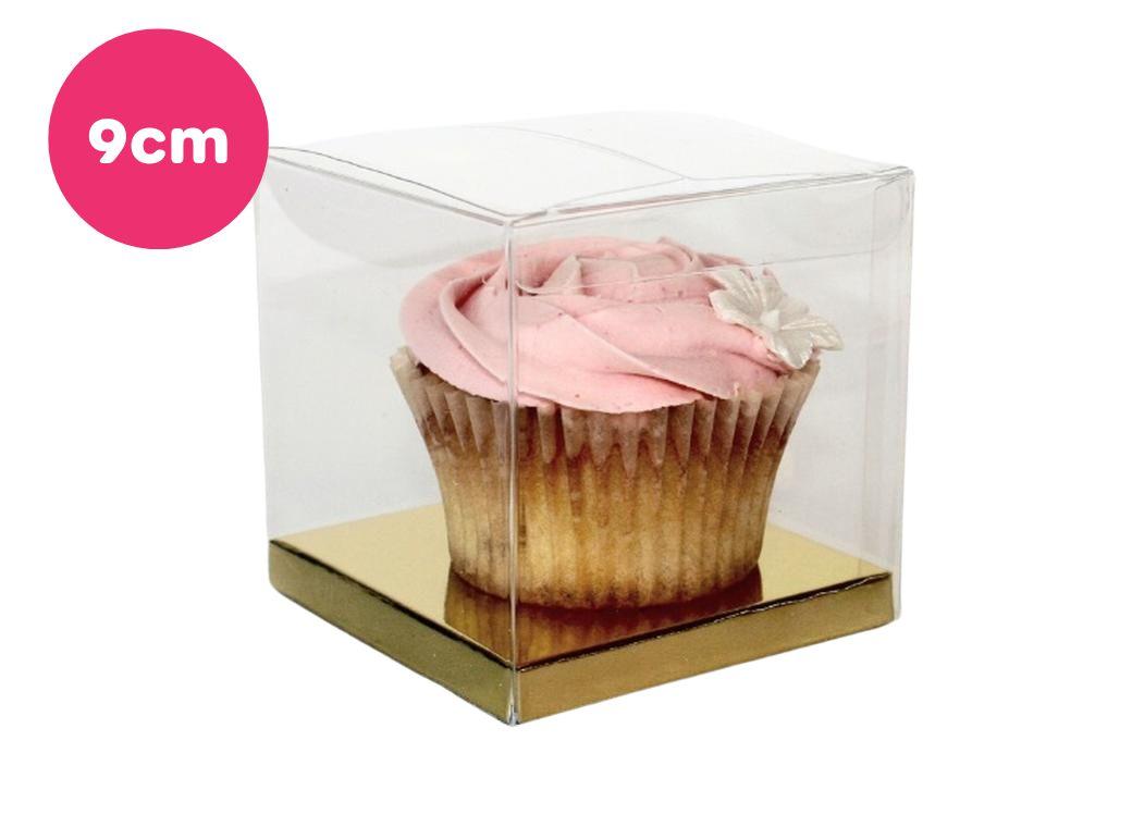 Clear 9cm Cupcake Boxes - Gold 10pk