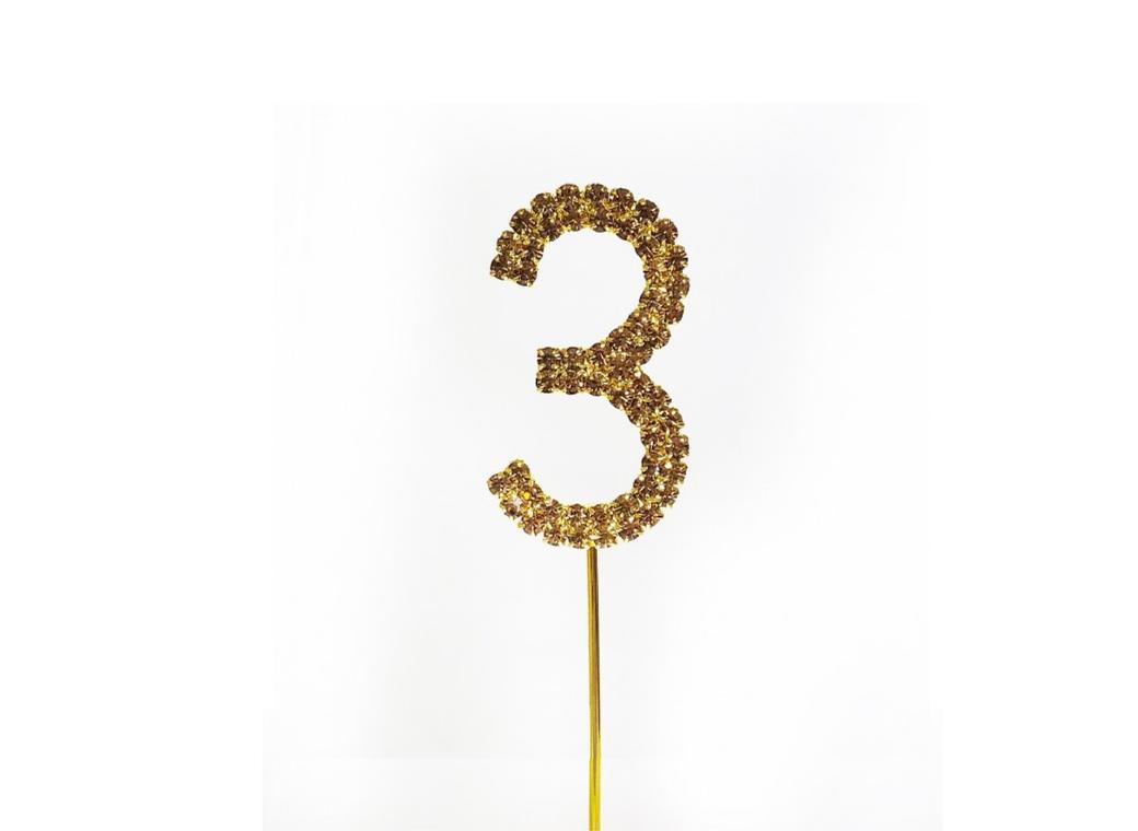 Gold Diamante Cake Topper Small - Number 3