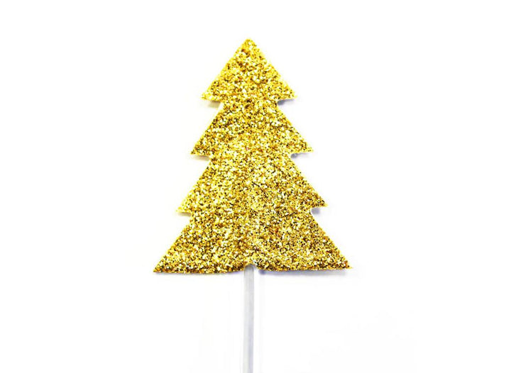 Gold Glitter Christmas Tree Cupcake Toppers 12pk