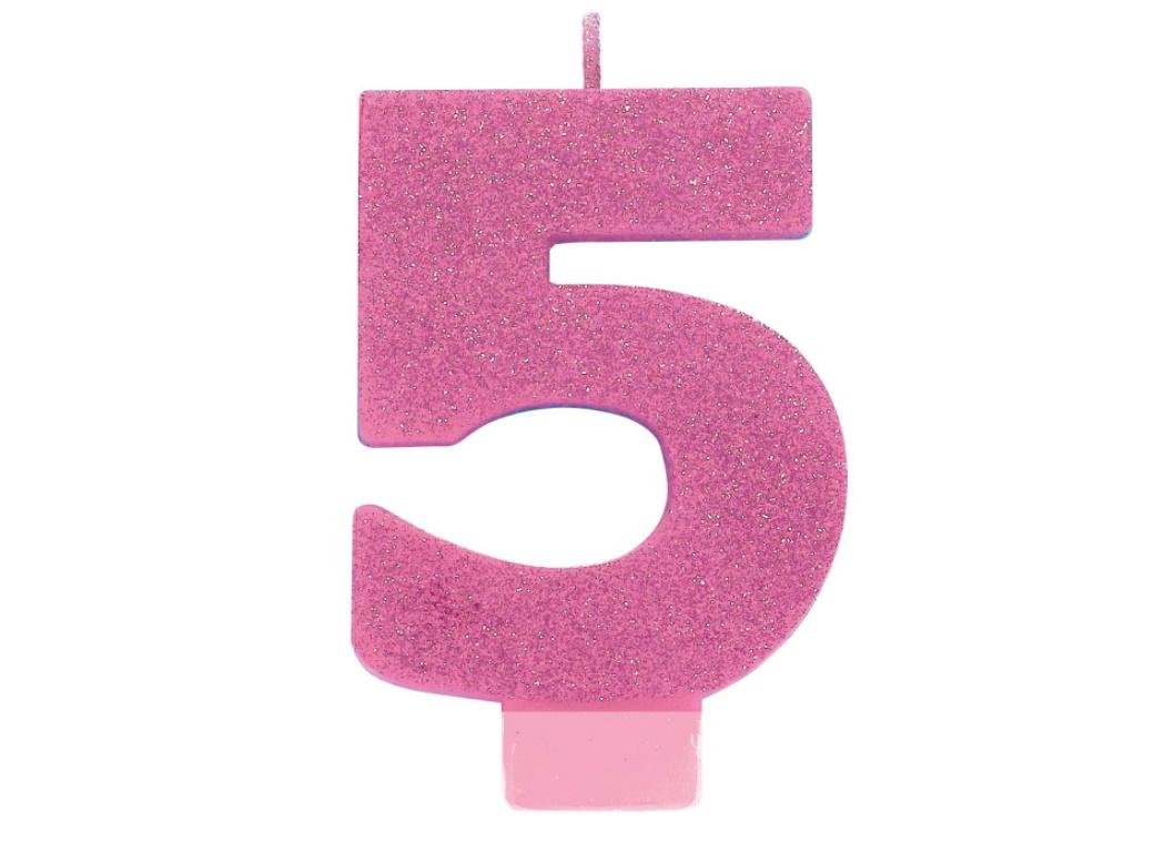 Pink Glitter Candle - Number 5