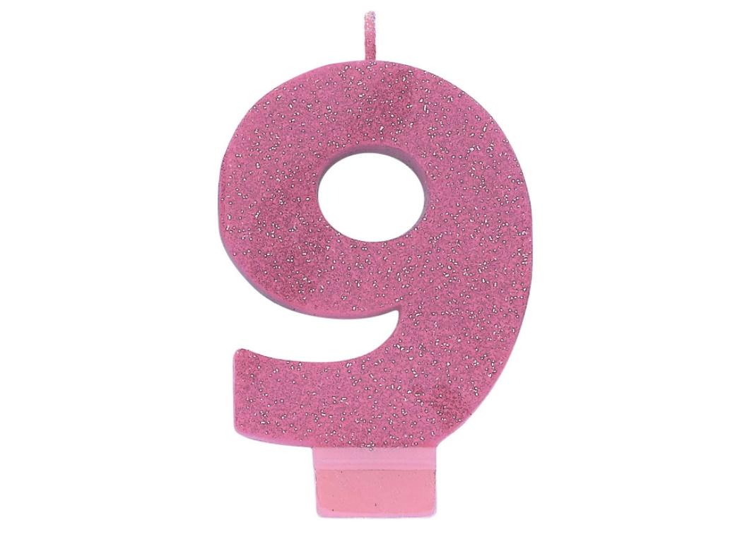 Pink Glitter Candle - Number 9