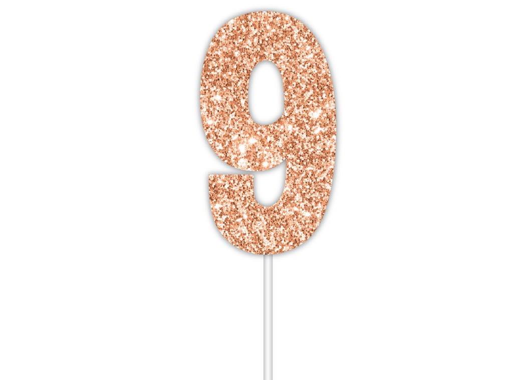 Rose Gold Glitter Cake Topper - No 9