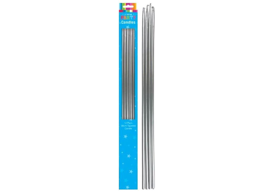 Tapered 38cm Tall Candles 12pk - Silver