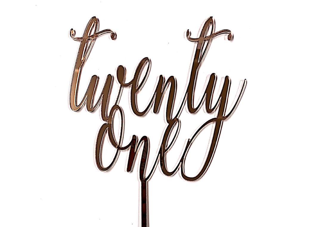 Twenty One Script Cake Topper - Rose Gold Mirror